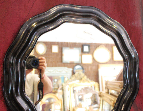 Diamètre 51 Cm , Miroir Rond Napoléon III, Bois Laqué Noir