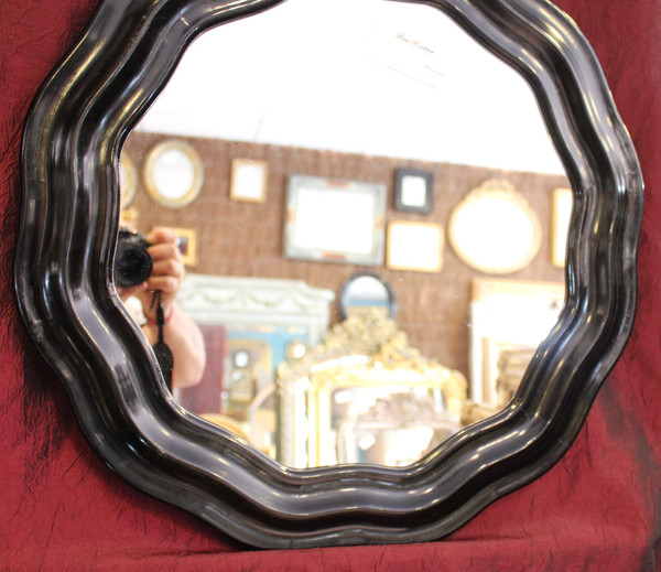 Diamètre 51 Cm , Miroir Rond Napoléon III, Bois Laqué Noir