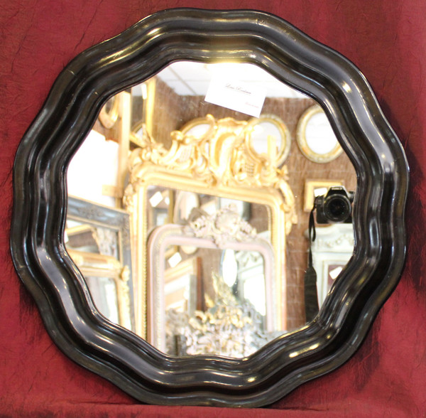 Diamètre 51 Cm , Miroir Rond Napoléon III, Bois Laqué Noir