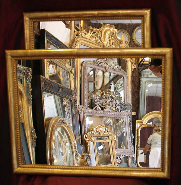 44 X 56 Cm, Pair Of Rectangle Gold Leaf Mirrors, Beaded Half-Ring Molding