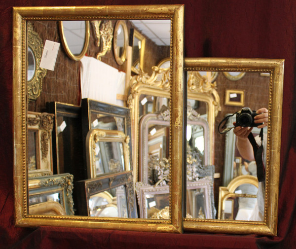 44 X 56 Cm, Pair Of Rectangle Gold Leaf Mirrors, Beaded Half-Ring Molding