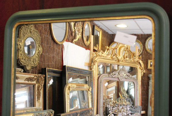 56 X 65 Cm Miroir Ancien , Moulure Louis Philippe, Patine Ton Vert Et Or