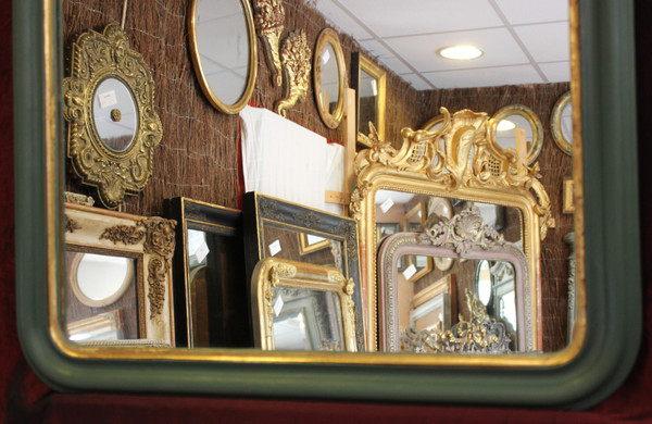 56 X 65 Cm Miroir Ancien , Moulure Louis Philippe, Patine Ton Vert Et Or