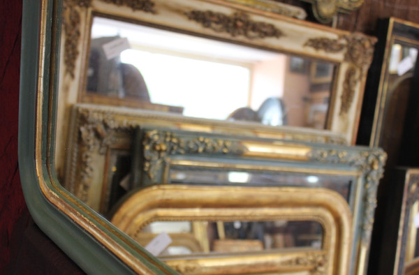 56 X 65 Cm Miroir Ancien , Moulure Louis Philippe, Patine Ton Vert Et Or