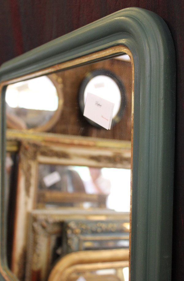56 X 65 Cm Miroir Ancien , Moulure Louis Philippe, Patine Ton Vert Et Or