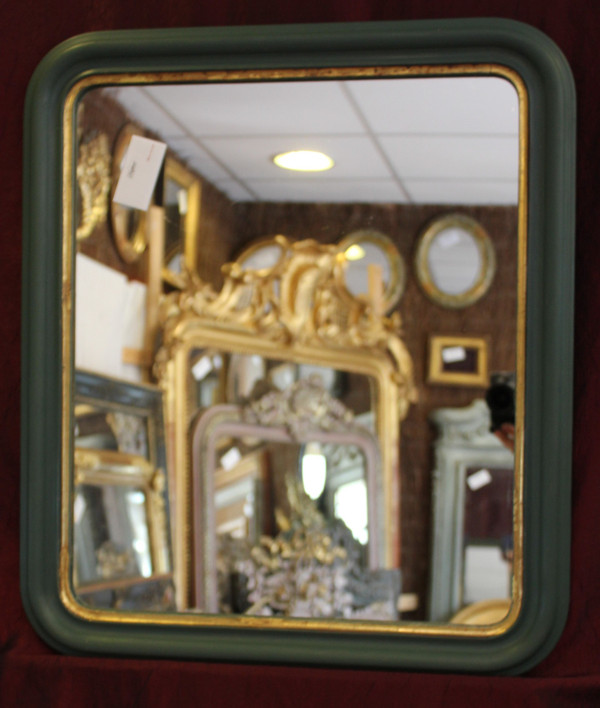 56 X 65 Cm Miroir Ancien , Moulure Louis Philippe, Patine Ton Vert Et Or