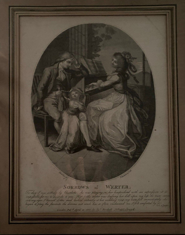 Gravure du XVIIIe Sorrows of Werter scène d'intérieur