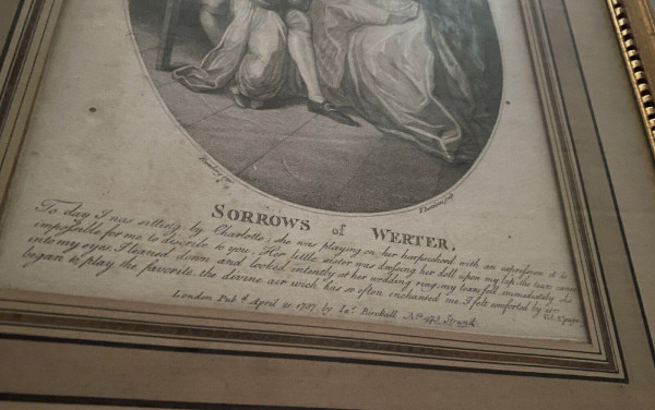 Gravure du XVIIIe Sorrows of Werter scène d'intérieur