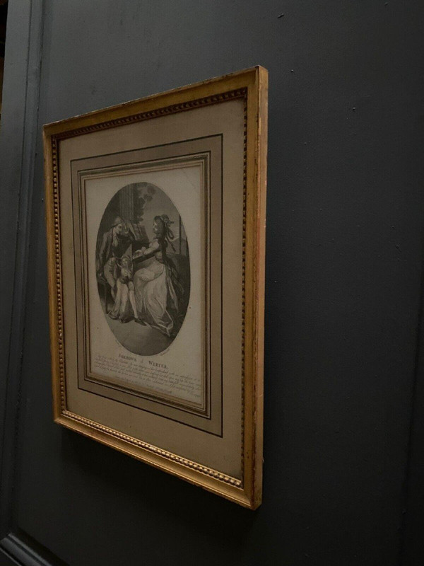 Gravure du XVIIIe Sorrows of Werter scène d'intérieur