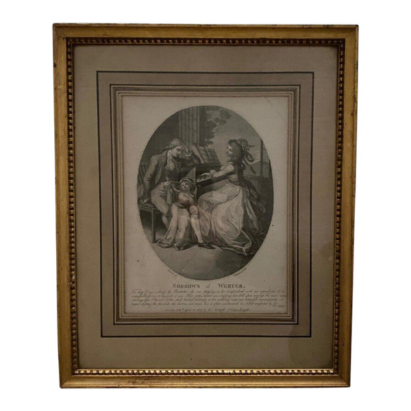 Gravure du XVIIIe Sorrows of Werter scène d'intérieur