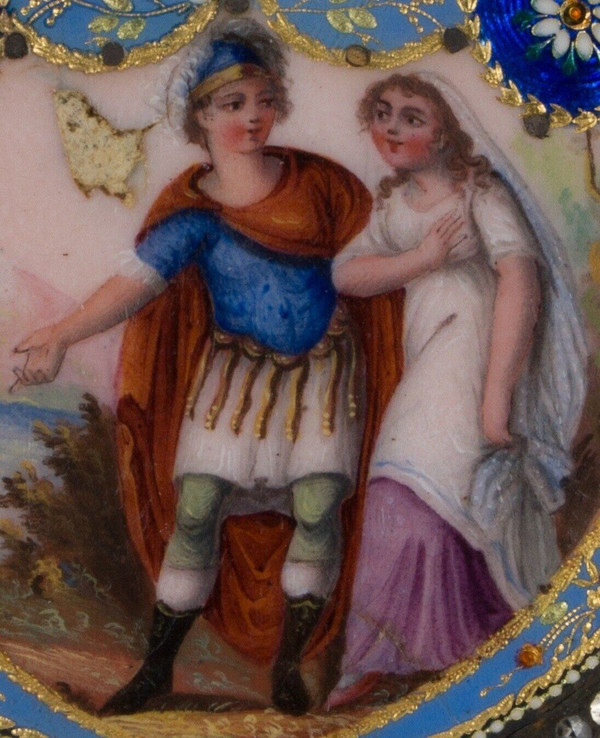 Broche en émail à froid fin XVIIIe décor romantique perlage
