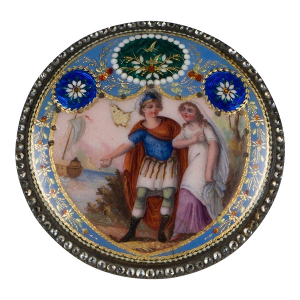 Broche en émail à froid fin XVIIIe décor romantique perlage