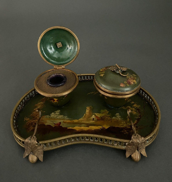 Schreibtischtopf aus Bronze und bemaltem Blech 19. Jahrhundert Napoleon III Landschaftsdekor