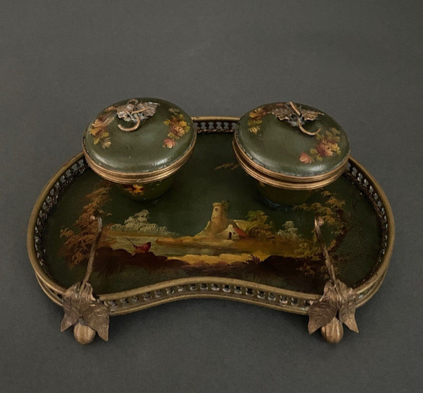 Schreibtischtopf aus Bronze und bemaltem Blech 19. Jahrhundert Napoleon III Landschaftsdekor