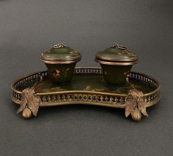 Schreibtischtopf aus Bronze und bemaltem Blech 19. Jahrhundert Napoleon III Landschaftsdekor