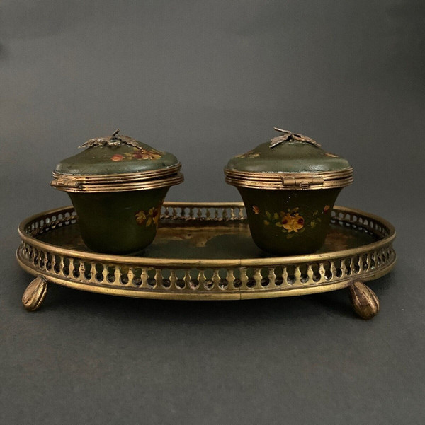 Schreibtischtopf aus Bronze und bemaltem Blech 19. Jahrhundert Napoleon III Landschaftsdekor