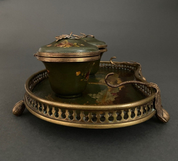 Schreibtischtopf aus Bronze und bemaltem Blech 19. Jahrhundert Napoleon III Landschaftsdekor