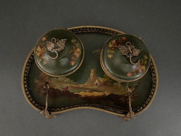Schreibtischtopf aus Bronze und bemaltem Blech 19. Jahrhundert Napoleon III Landschaftsdekor