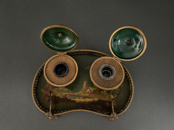 Schreibtischtopf aus Bronze und bemaltem Blech 19. Jahrhundert Napoleon III Landschaftsdekor