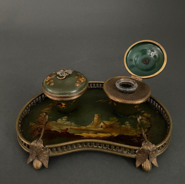 Schreibtischtopf aus Bronze und bemaltem Blech 19. Jahrhundert Napoleon III Landschaftsdekor