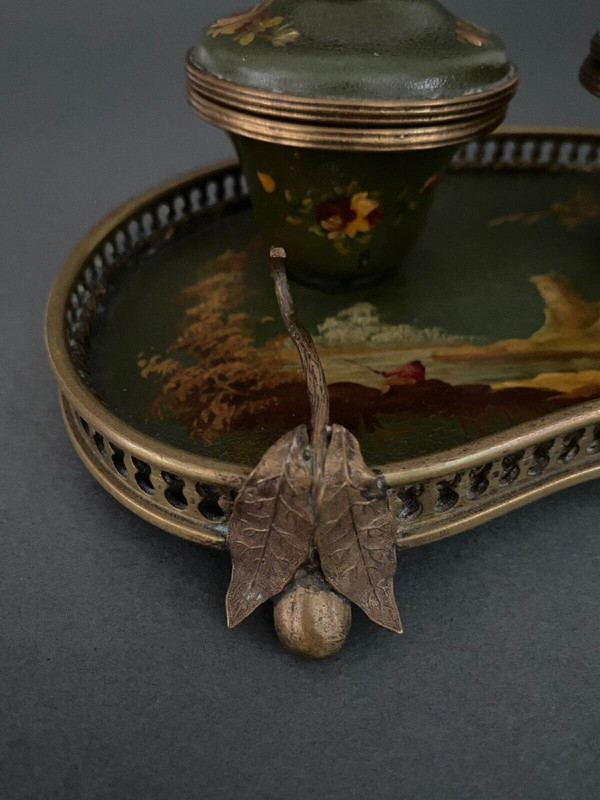 Schreibtischtopf aus Bronze und bemaltem Blech 19. Jahrhundert Napoleon III Landschaftsdekor