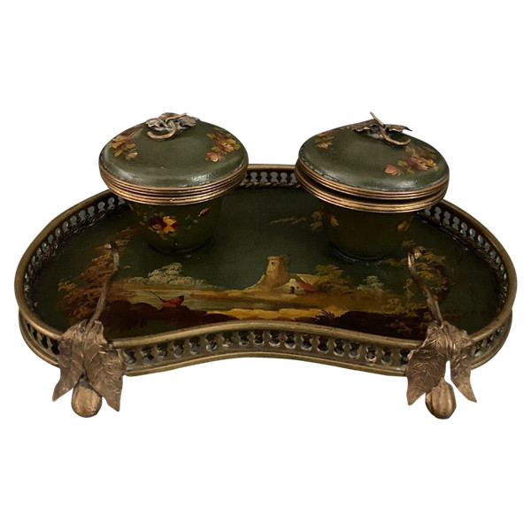 Schreibtischtopf aus Bronze und bemaltem Blech 19. Jahrhundert Napoleon III Landschaftsdekor