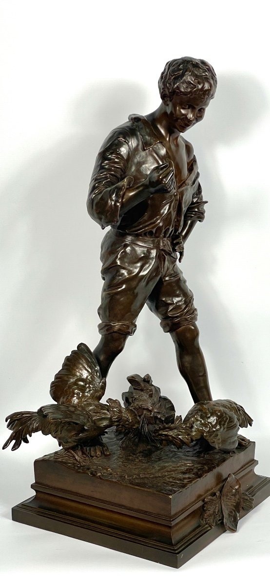 Scultura Il combattimento di galli, Emile Laporte, scultore francese del XIX secolo
