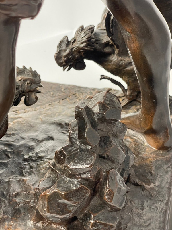Scultura Il combattimento di galli, Emile Laporte, scultore francese del XIX secolo