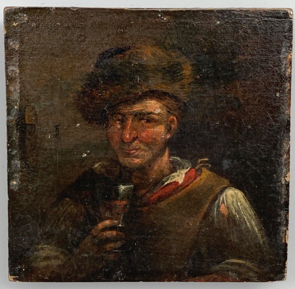 Pannello in legno del bevitore di taverna del XVII secolo Adriaen Brouwer in miniatura