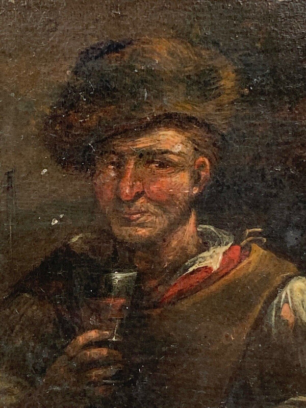 Pannello in legno del bevitore di taverna del XVII secolo Adriaen Brouwer in miniatura
