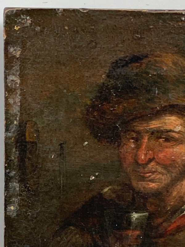 Pannello in legno del bevitore di taverna del XVII secolo Adriaen Brouwer in miniatura