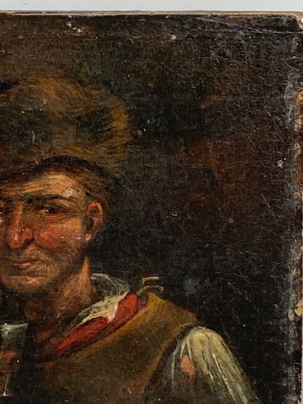 Pannello in legno del bevitore di taverna del XVII secolo Adriaen Brouwer in miniatura