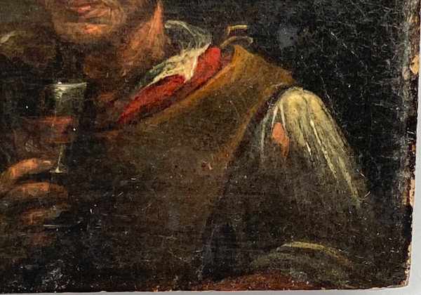 Pannello in legno del bevitore di taverna del XVII secolo Adriaen Brouwer in miniatura