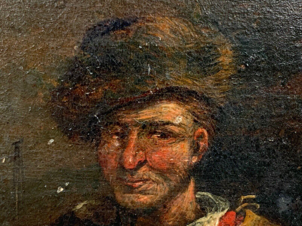 Pannello in legno del bevitore di taverna del XVII secolo Adriaen Brouwer in miniatura