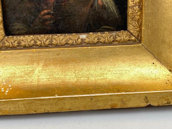 Pannello in legno del bevitore di taverna del XVII secolo Adriaen Brouwer in miniatura