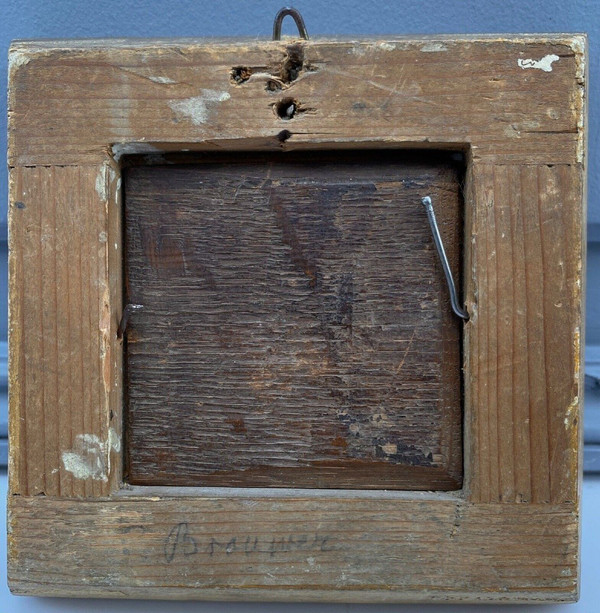 Pannello in legno del bevitore di taverna del XVII secolo Adriaen Brouwer in miniatura
