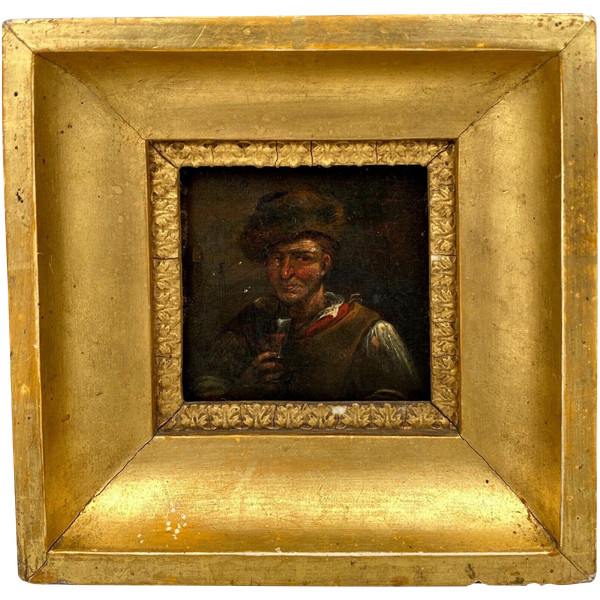 Pannello in legno del bevitore di taverna del XVII secolo Adriaen Brouwer in miniatura