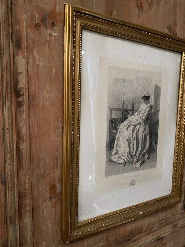 19th century engraving The Broken Thread Widal pinx G. de Montaut sc. gilded frame