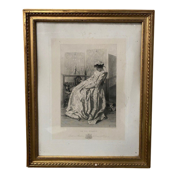 19th century engraving The Broken Thread Widal pinx G. de Montaut sc. gilded frame