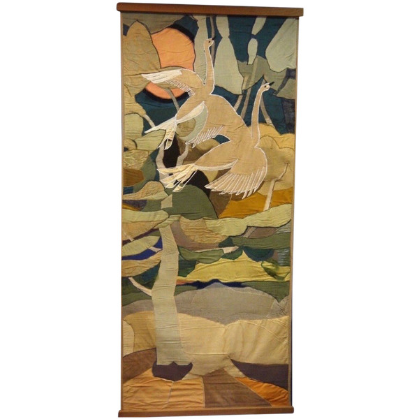 Gobelin und Seide verziert mit Vögeln, geometrischer Schnitt aus dem Jahr 1930