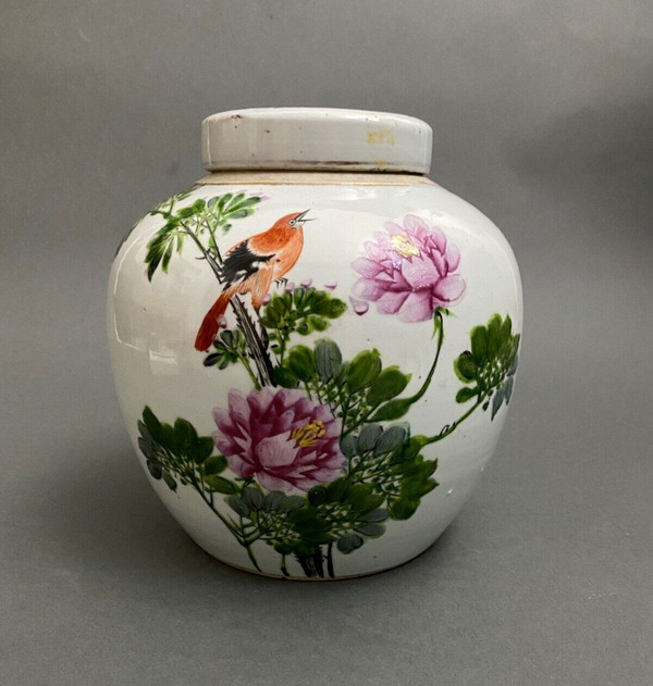 Vaso coperto in porcellana cinese del XX secolo con segni di decorazione di uccelli