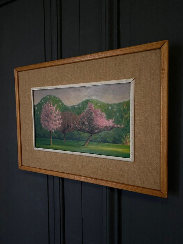 Olio su cartone 1920 raffigurante alberi in fiore al vento