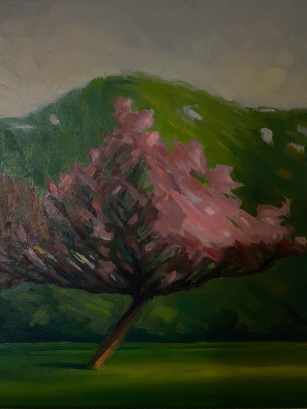 Olio su cartone 1920 raffigurante alberi in fiore al vento