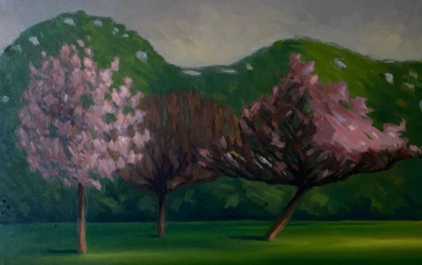 Olio su cartone 1920 raffigurante alberi in fiore al vento