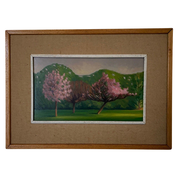 Olio su cartone 1920 raffigurante alberi in fiore al vento