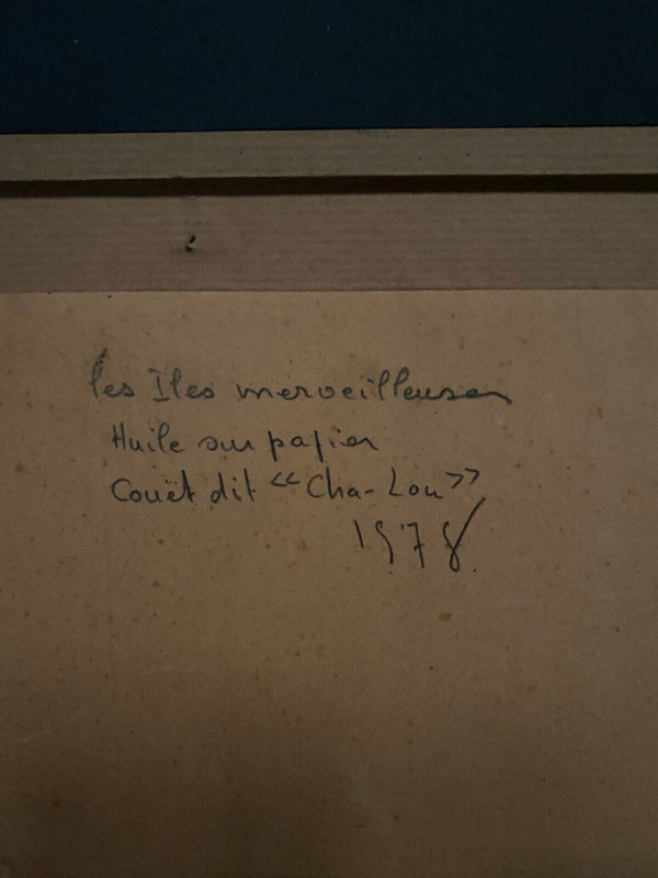 Surrealistische Zeichnung Nicole Cha-Lou (Sagte Couet) 1978 Die Merveilleuses-Inseln