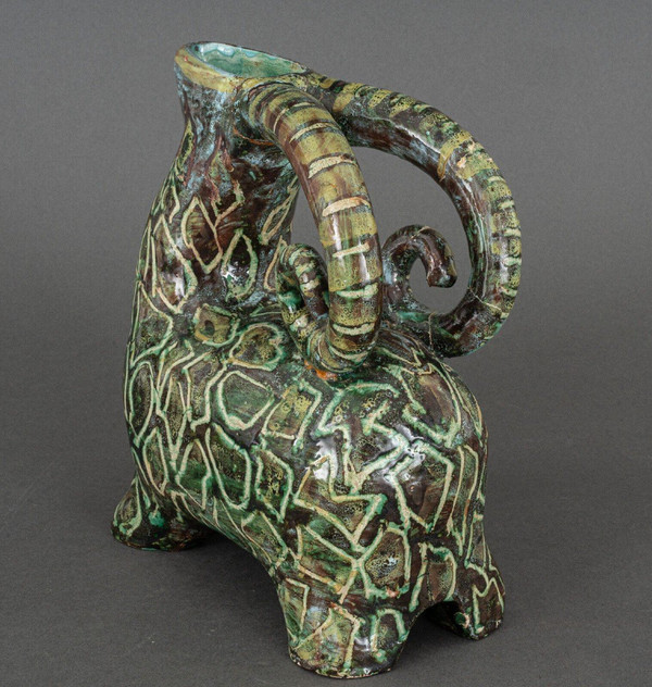Zoomorphic Aries pitcher signed in French ceramic 20th century 1960
