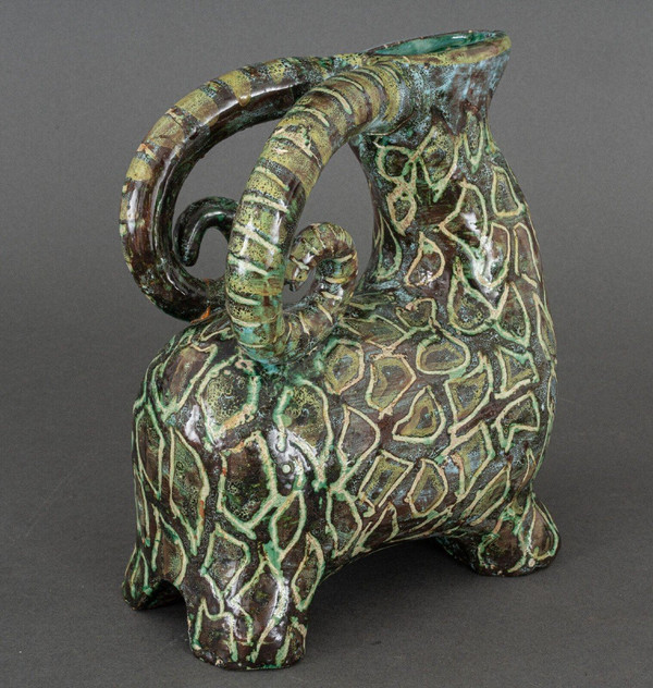Zoomorphic Aries pitcher signed in French ceramic 20th century 1960