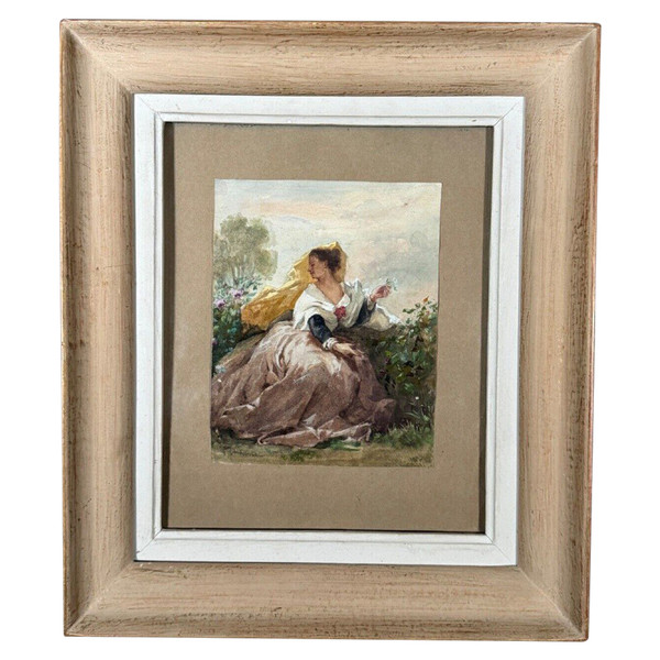 Aquarelle sur papier XIXe signée représentant une femme en costume
