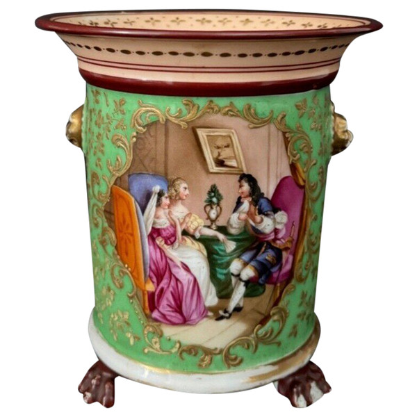Cache-pot époque Louis-Philippe décor romantique XIXe fond vert
